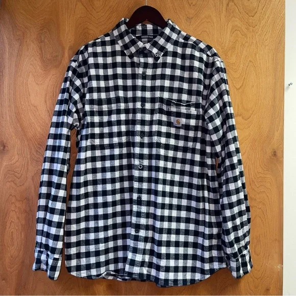 Carhartt Flannel Shirt Black White Mens Size Large Long Sleeve Rugged Flex - Picture 1 of 10